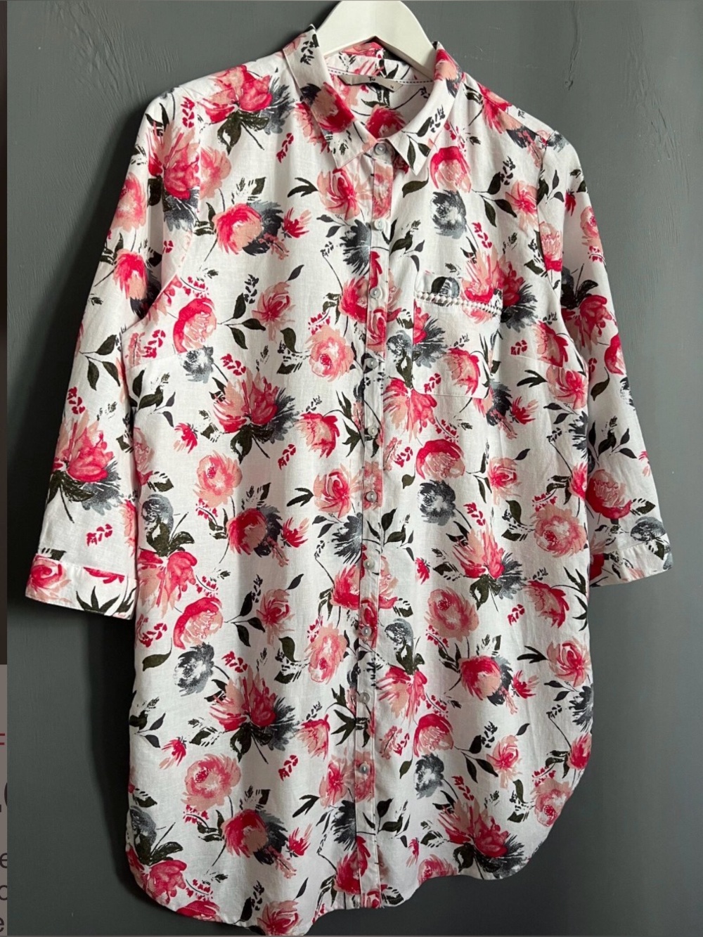 Floral Button-Up Linen Tunic - Pink & Gray Roses